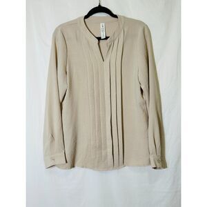 Blooming Jelly Women's Long Sleeve V-Neck Front Pleated Neutral Blouse Size M